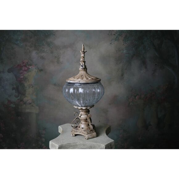 Decorative Crackle Glass Jar With Fleur-de-lis Lid Metal Work Aged - Picture 5 of 9